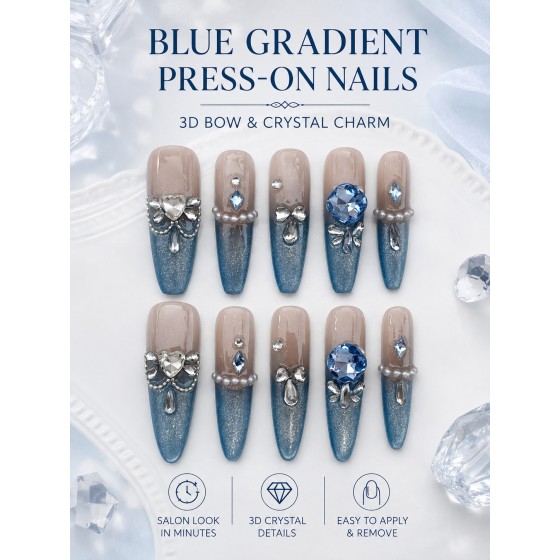 Blue Glitter Gradient Long Stiletto Press‑On Nails, Luxurious 3D Bow Pearl Rhinestone False Nails
